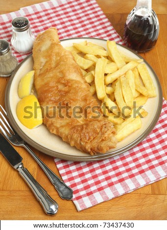 Battered cod fillet with chunky chips.