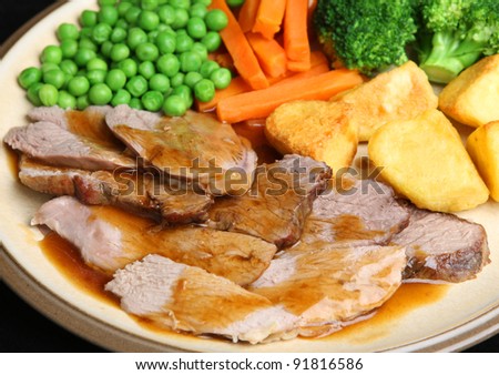 Traditional British Sunday roast lamb dinner