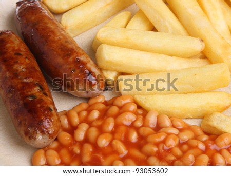 Sausages with baked beans and chips