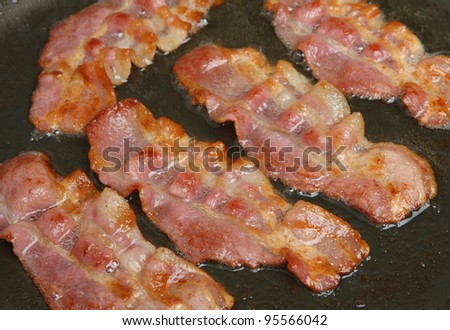 Bacon rashers frying in non-stick pan