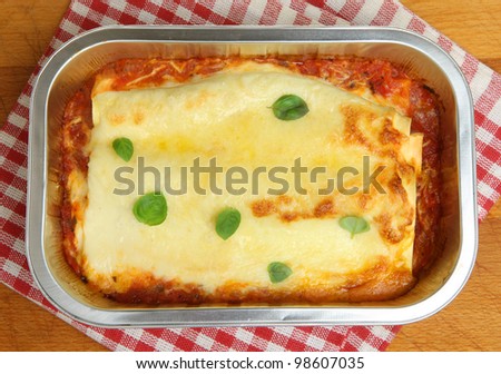 Beef cannelloni ready meal in foil container