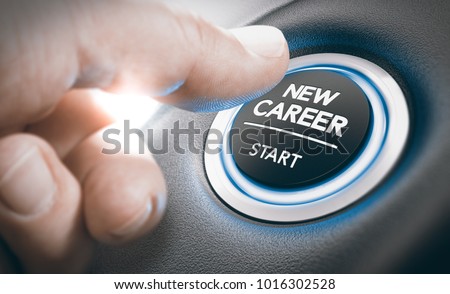 Finger pressing a new career start button. Concept of occupational or professional retraining or job opportunities. Composite between a hand photography and a 3D background