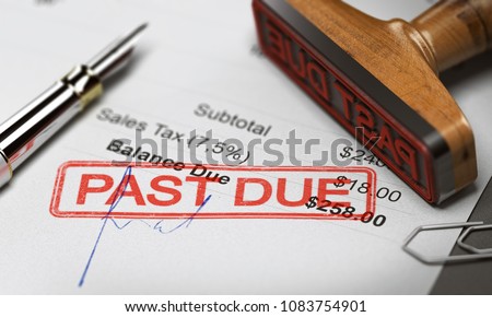 Rubber stamp with the text past due over an invoice document. 3D illustration. Concept of unpaid debt recovery.