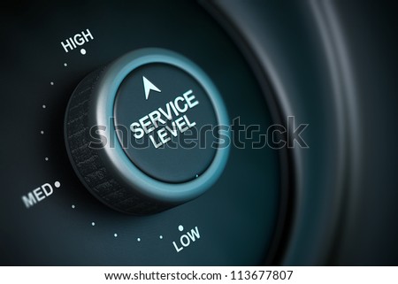 service level button with low, medium and high positions, button is positioned in the highest position, black and blue background, blur effect