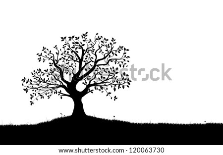 Vector tree silhouette, flowers and grass, black and white vectorial shape,