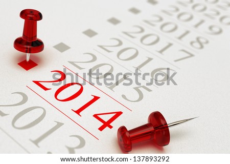 Two red pushpins over a timeline, the first one is pointing on the year 2014, grey background, copy space and blur effect