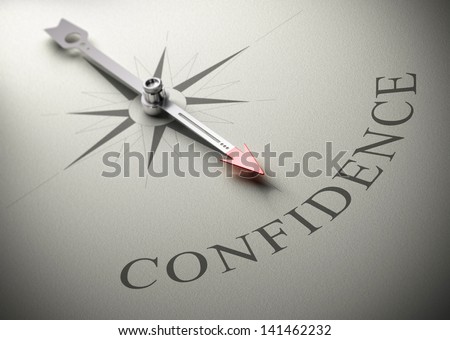 Needle of a compass pointing the word confidence, 3D render, concept image for self-confidence