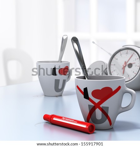 Two mugs with I Love U and a red cross on the one at the foreground, conceptual 3D render for leaving a relationship or couple divorce