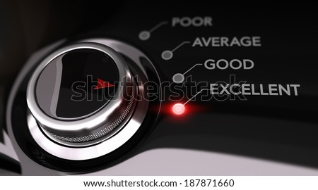 Switch button positioned on the word excellent, black background and red light. Conceptual image for illustration of customer service satisfaction or client satisfaction.