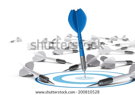 One dart hitting the center of a blue target many grey darts on the floor symbol of failure Concept illustration of strategic business or motivation One dart hitting the center of a blue target many grey darts on the floor symbol of failure Concept illustration of strategic business or motivation