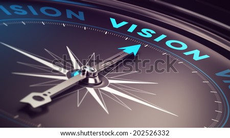 Compass with needle pointing the word vision with blur effect plus blue and black tones. Conceptual image for illustration of company or business anticipation or strategy