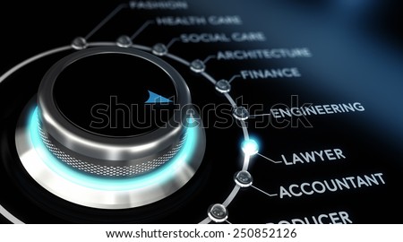 Switch button positioned on the word lawyer, black background and blue light. Conceptual image for illustration of career orientation.