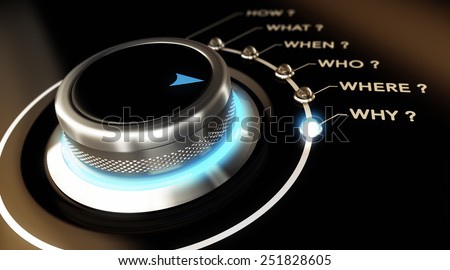 Switch button positioned on the word why, black background and blue light. Conceptual image for illustration of decision making process.