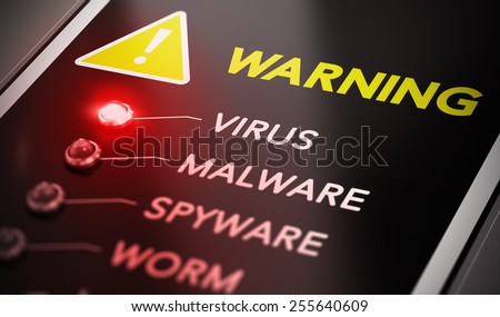 Virus attack concept. Control panel with red light and warning. Conceptual image symbol of computer infection.