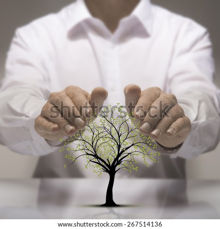 Two hands above a tree drawing. Environmental protection concept