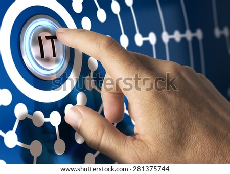 Finger pressing IT button with network illustration around. Blue tones. Information Technologies concept.