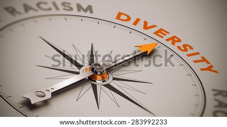 Social background concept. Compass with needle pointing to diversity concept, . Orange and beige tones plus blur effect.