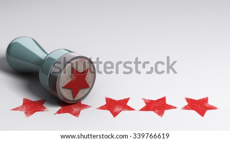 Rubber stamp over paper background with five stars printed on it. concept image for illustration of high customer experience and quality level
