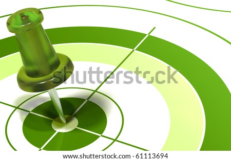 green pushpin on center of a target symbol of reaching objectives