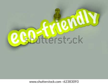 green eco friendly sticker with a pushpin over a green grey background with copyspace