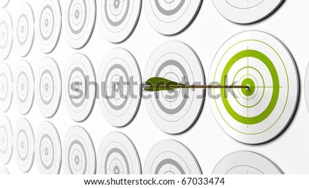 green arrow hitting the center of a green target there is grey targets around