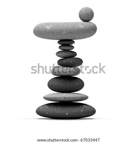 balancing pebbles over white background with a stone sphere a the top of the pile