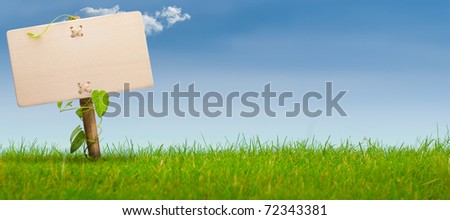wooden sign on the left side of a green land with a blue sky, with one cloud, horizontal banner image