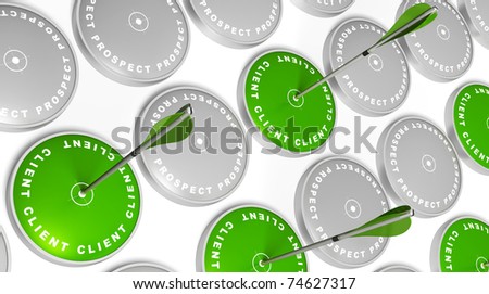green targets with client marking, green arrows hitting the center and grey targets with prospect marking