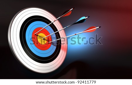 target and blue arrow hitting the center of bull\'s eye. 2 red arrows failed to reach the center. Black background with blue light effect