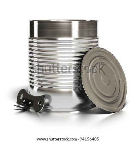 Metal tin can over white background with lid and can opener installed against it
