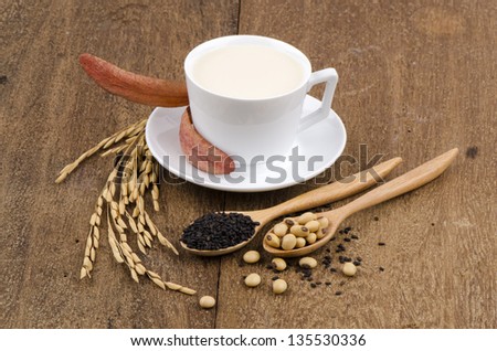 Soya, sesame seeds, soy and rice drinks ingredients healthy.