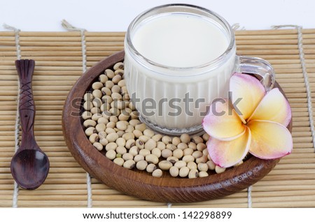 Soybeans and soy milk in a glass.(Glycine max (L.) Merr.)