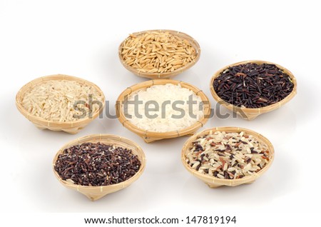 Rice berries, jasmine rice, brown nose, pile of unmilled rice grains, rice, and five species on the white background.