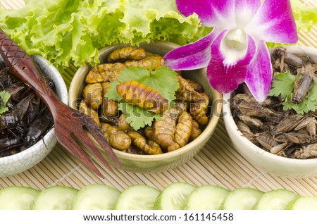fried silkworms. foods with nutritious ingredients, particularly in the energy, protein, fat and minerals.