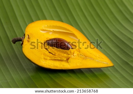 Egg fruit, Canistel, Yellow Sapote (Pouteria campechiana (Kunth) Baehni) on banana leaf background.