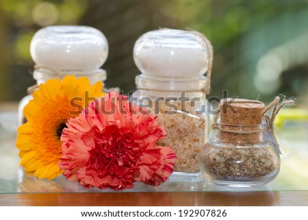 Salt and pepper seasoning in quaint jars with a carnation and gerbera daisy in front of a defocused garden.