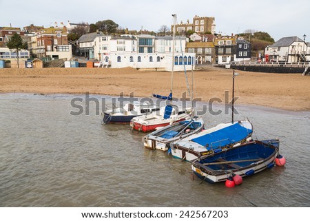 BROADSTAIRS, UK - JAN 7, 2015. Fishing boats in Viking Bay. Bleak House can be seen in the background. It has been asserted that it is the Bleak House referred to in Dickens\' 1853 novel.