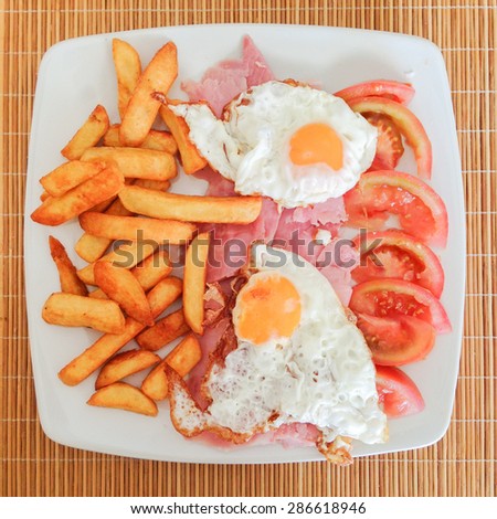 Fried eggs and chips with ham and tomatoes on a white plate, on a wicker place mat from above.