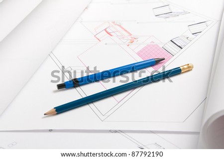 Pen and pencil on the plan of a garage