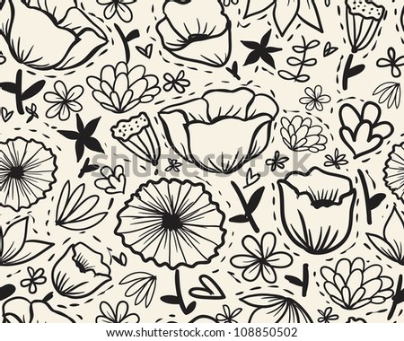 Doodle outline flowers seamless pattern.