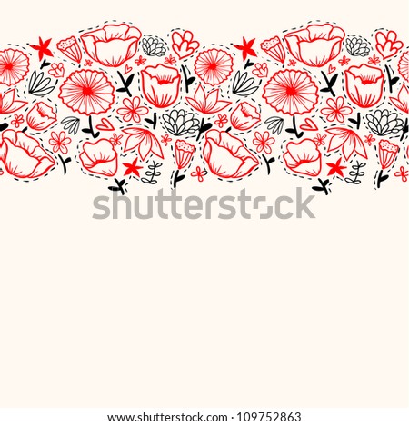 Doodle outline flowers seamless line. Raster background.