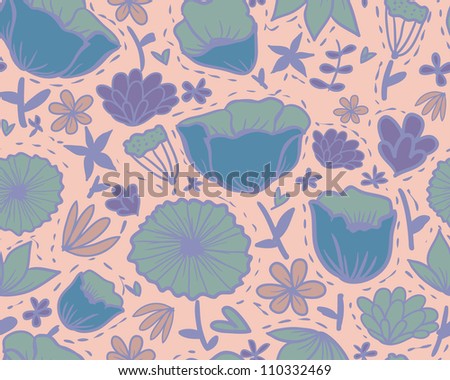 Doodle outline flowers seamless pattern. Raster.