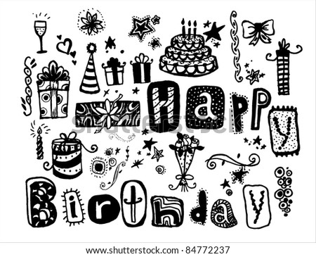 Stock Photo:  Doodle illustration. Happy Birthday celebration. Many holiday elements. Vector. Hand drawn.