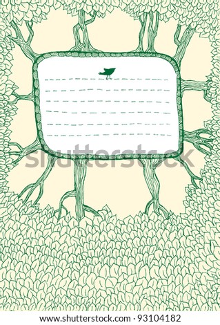 Doodle hand drawn trees and leaves background. Raster.
