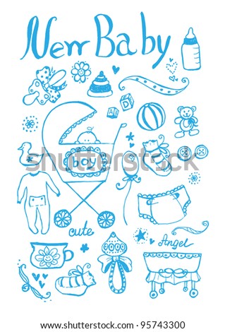 Doodle hand drawn newborn boy elements. May be used as foiling for different printings. Raster.