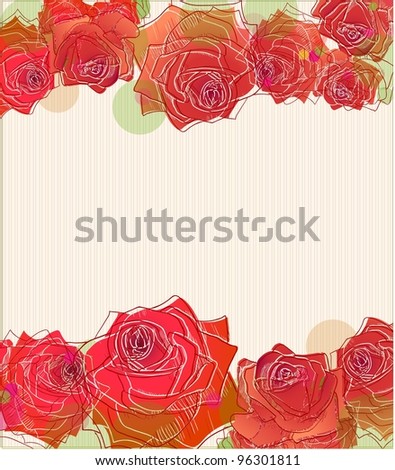 Red roses lines on stripy background. Raster.