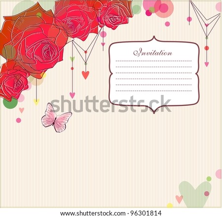 Red roses corner on stripy background. May be used as an invitation or congratulations. Raster.