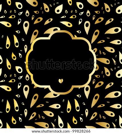 Doodle gradient golden drops pattern with a frame on black background. Raster.