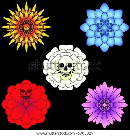 stock vector Five vector flower designs including skulls and bones 