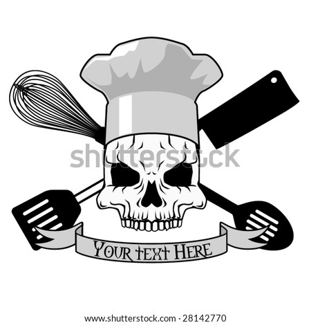 stock vector Vector tattoo design with skull and kitchen implements text